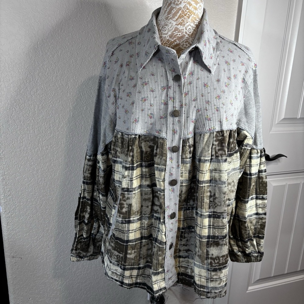 Pol Balloon Sleeve Floral Colorblock Plaid Shirt Women's S NWT Boho Cottagecore